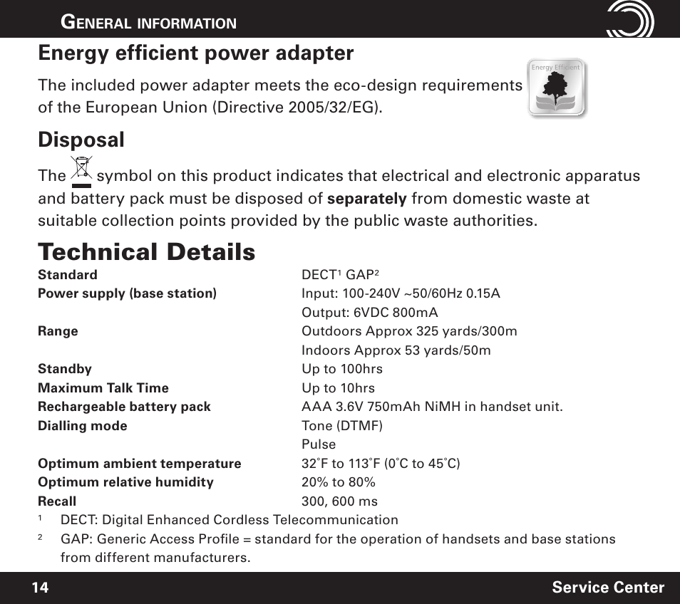 Technical details, Energy efficient power adapter, Disposal | Amplicom PowerTel 701 Expandable Handset User Manual | Page 14 / 18