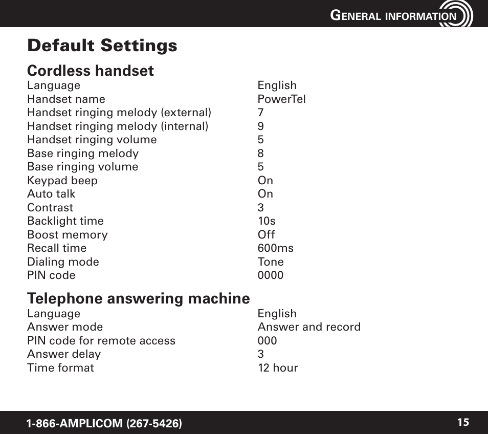 Default settings, Cordless handset, Telephone answering machine | Amplicom PowerTel 701 Expandable Handset User Manual | Page 15 / 18