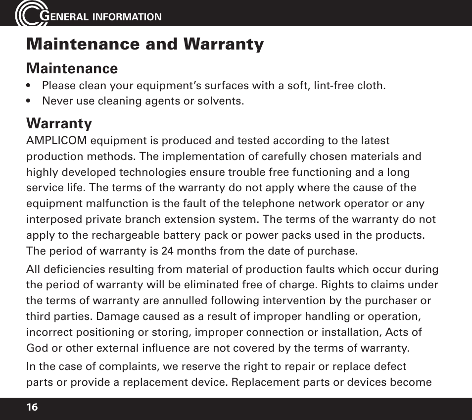 Maintenance and warranty, Maintenance, Warranty | Amplicom PowerTel 701 Expandable Handset User Manual | Page 16 / 18