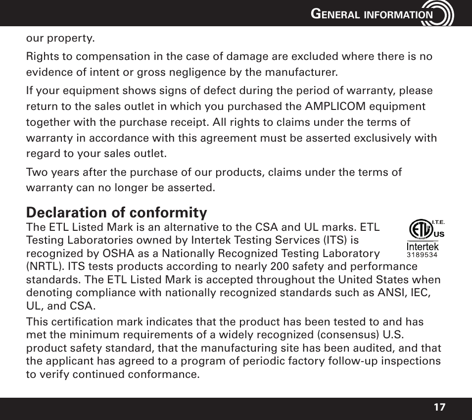 Declaration of conformity | Amplicom PowerTel 701 Expandable Handset User Manual | Page 17 / 18
