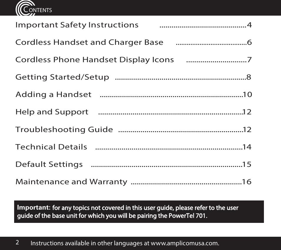 Amplicom PowerTel 701 Expandable Handset User Manual | Page 2 / 18