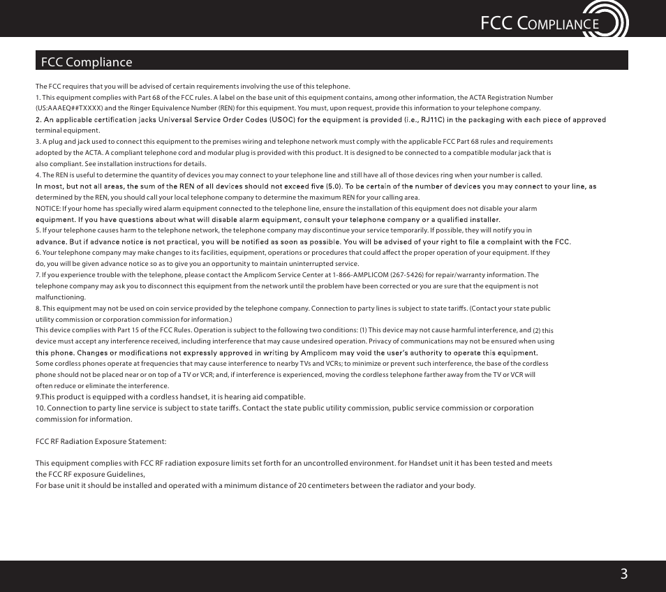 Fcc c, Omplian, Fcc compliance | Amplicom PowerTel 701 Expandable Handset User Manual | Page 3 / 18