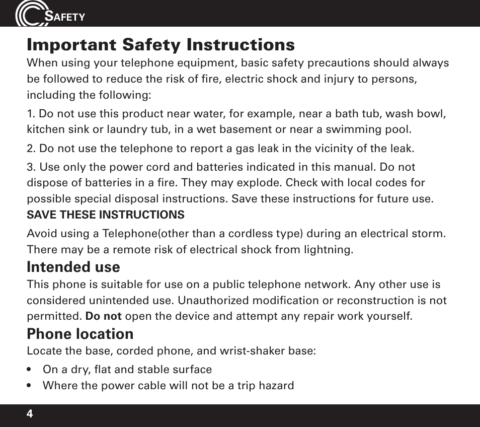 Important safety instructions, Intended use, Phone location | Amplicom PowerTel 701 Expandable Handset User Manual | Page 4 / 18