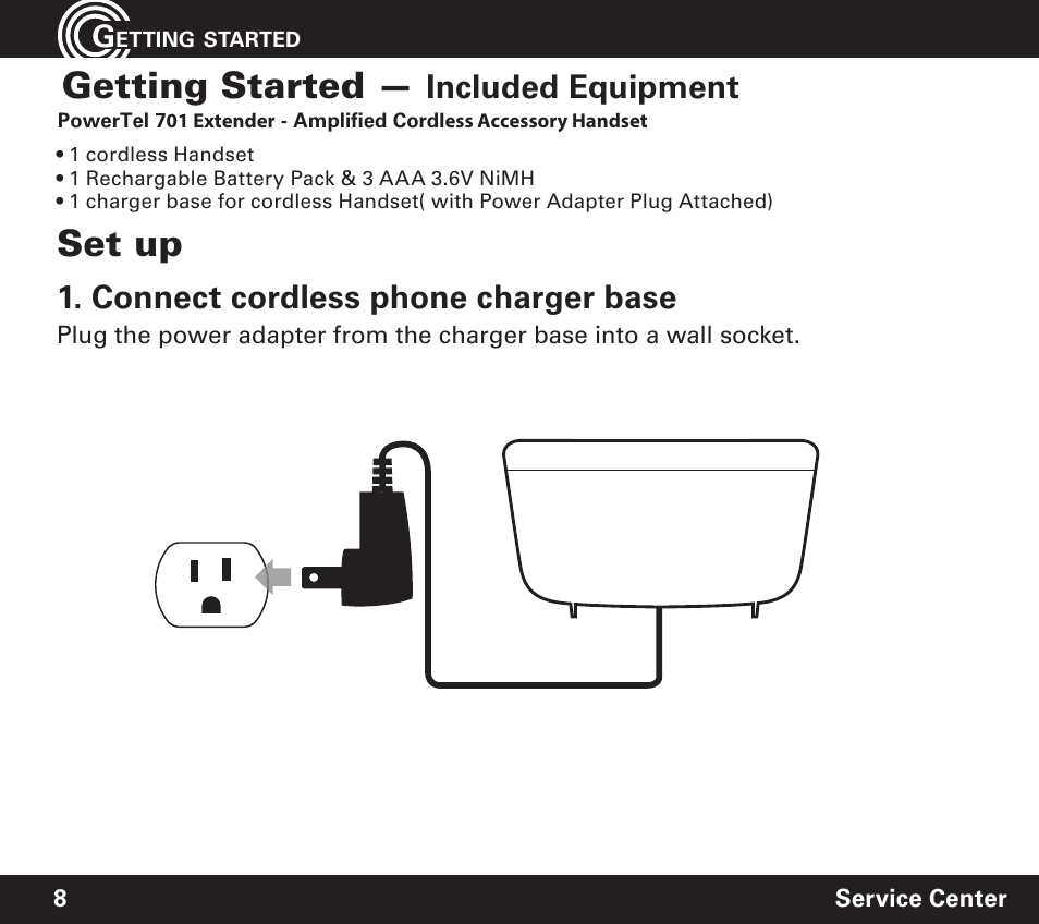Getting started, Set up, Included equipment | Connect cordless phone charger base | Amplicom PowerTel 701 Expandable Handset User Manual | Page 8 / 18