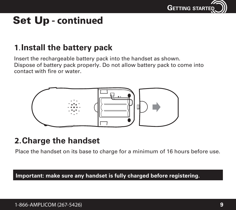 Set up - continued, Install the battery pack, Charge the handset | Amplicom PowerTel 701 Expandable Handset User Manual | Page 9 / 18