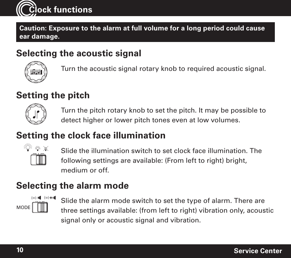 Selecting the acoustic signal, Setting the pitch, Setting the clock face illumination | Selecting the alarm mode, Clock functions | Amplicom TCL 100 Wireless Alert Alarm Clock User Manual | Page 10 / 32