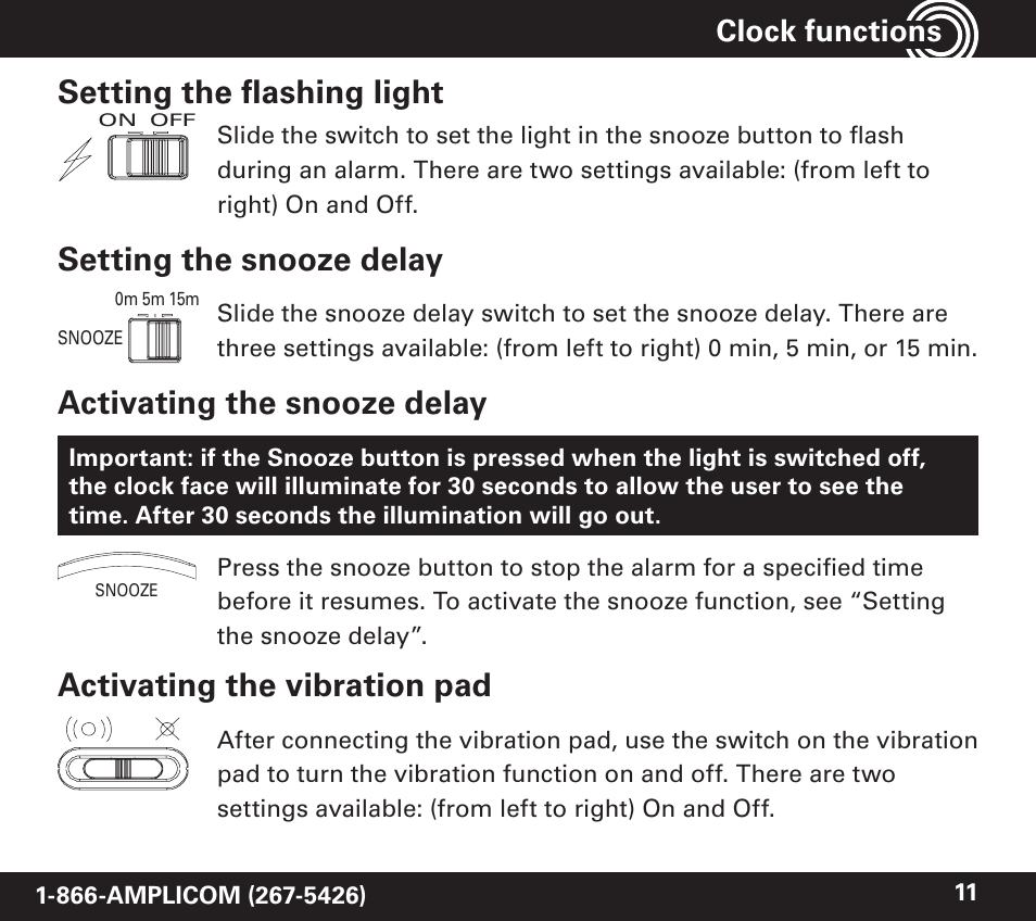 Setting the fl ashing light, Setting the snooze delay, Activating the snooze delay | Activating the vibration pad, Clock functions | Amplicom TCL 100 Wireless Alert Alarm Clock User Manual | Page 11 / 32