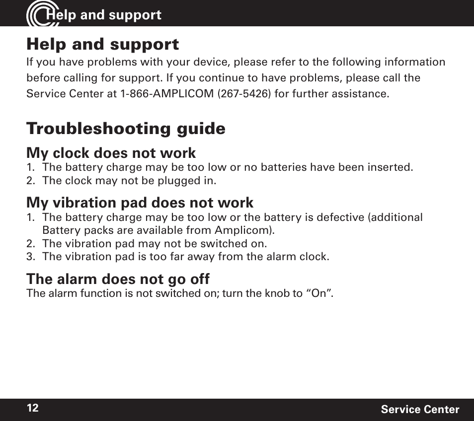 Help and support, Troubleshooting guide, My clock does not work | My vibration pad does not work, The alarm does not go off | Amplicom TCL 100 Wireless Alert Alarm Clock User Manual | Page 12 / 32