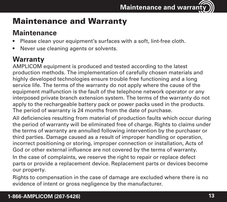 Maintenance and warranty, Maintenance, Warranty | Amplicom TCL 100 Wireless Alert Alarm Clock User Manual | Page 13 / 32