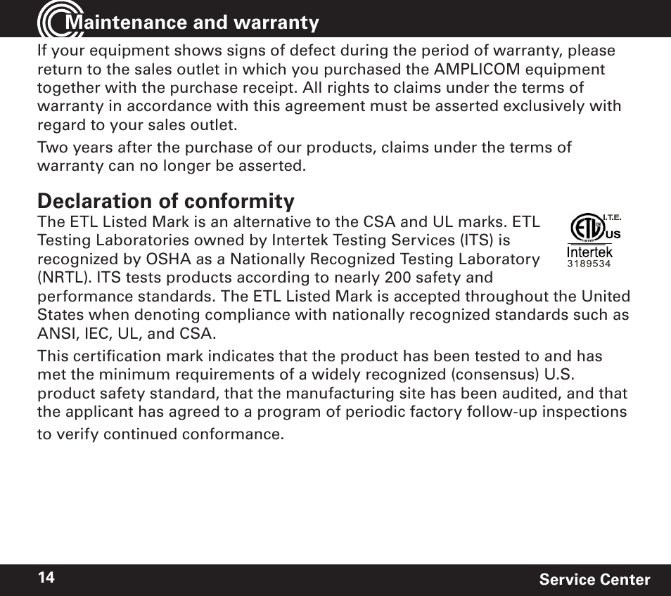 Declaration of conformity, Maintenance and warranty | Amplicom TCL 100 Wireless Alert Alarm Clock User Manual | Page 14 / 32