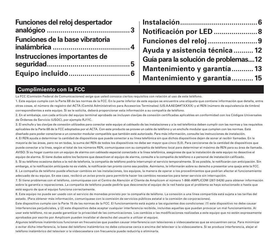 Índice | Amplicom TCL 100 Wireless Alert Alarm Clock User Manual | Page 18 / 32