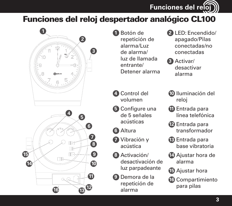 Funciones del reloj despertador analógico cl100, Funciones del reloj | Amplicom TCL 100 Wireless Alert Alarm Clock User Manual | Page 19 / 32