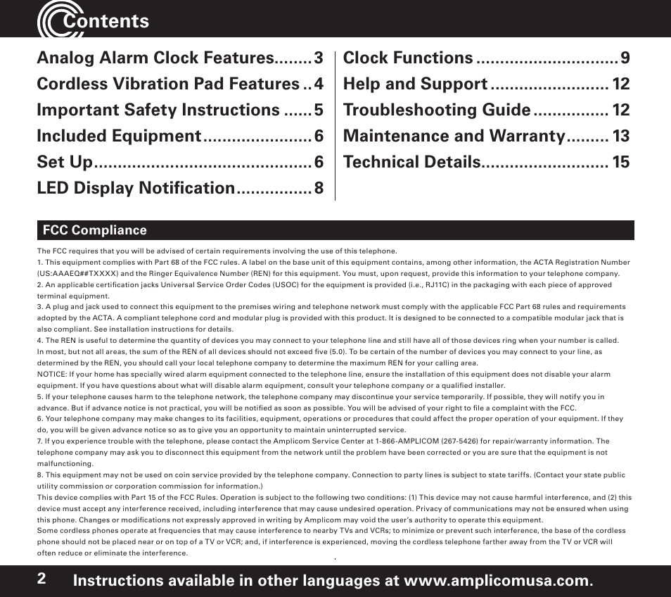 Amplicom TCL 100 Wireless Alert Alarm Clock User Manual | Page 2 / 32