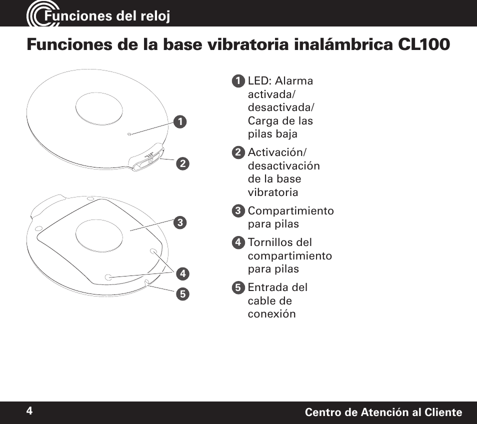 Funciones de la base vibratoria inalámbrica cl100, Funciones del reloj | Amplicom TCL 100 Wireless Alert Alarm Clock User Manual | Page 20 / 32