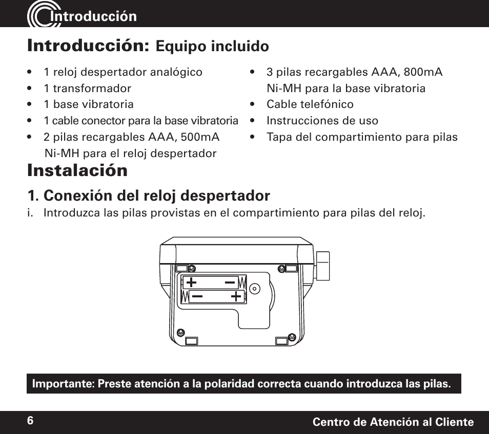 Introducción, Instalación, Equipo incluido | Conexión del reloj despertador | Amplicom TCL 100 Wireless Alert Alarm Clock User Manual | Page 22 / 32