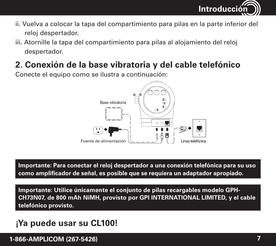 Ya puede usar su cl100, Introducción | Amplicom TCL 100 Wireless Alert Alarm Clock User Manual | Page 23 / 32