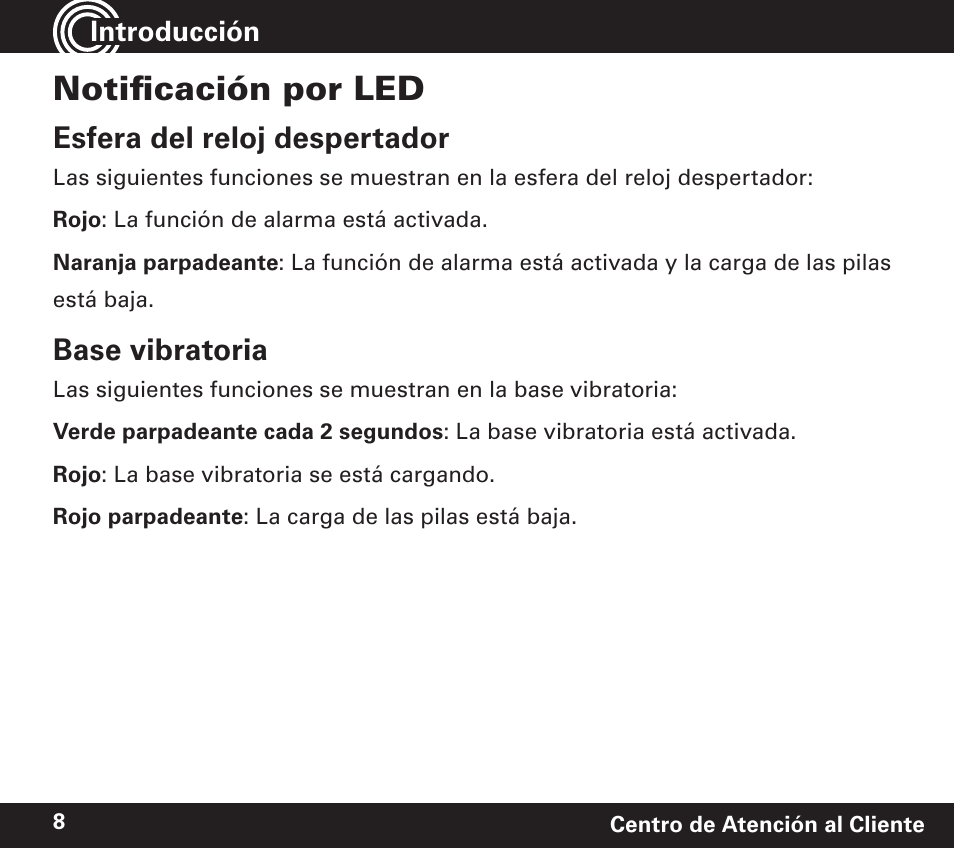 Notificación por led, Esfera del reloj despertador, Base vibratoria | Amplicom TCL 100 Wireless Alert Alarm Clock User Manual | Page 24 / 32