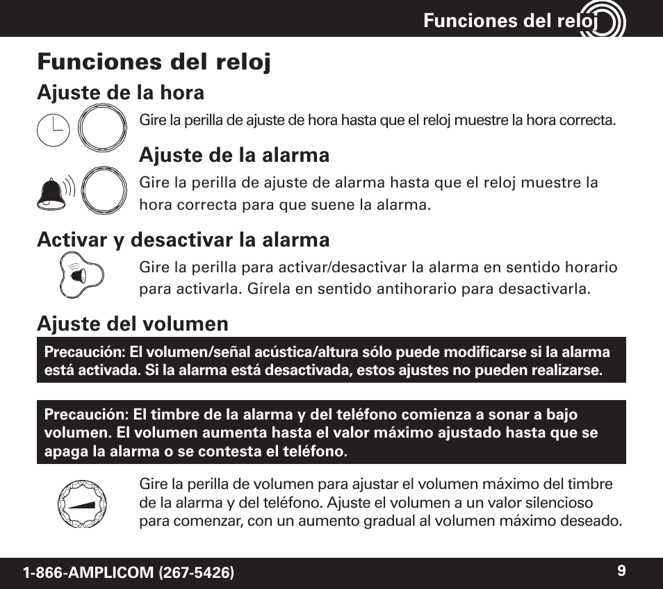 Funciones del reloj, Ajuste de la hora, Ajuste de la alarma | Activar y desactivar la alarma, Ajuste del volumen | Amplicom TCL 100 Wireless Alert Alarm Clock User Manual | Page 25 / 32