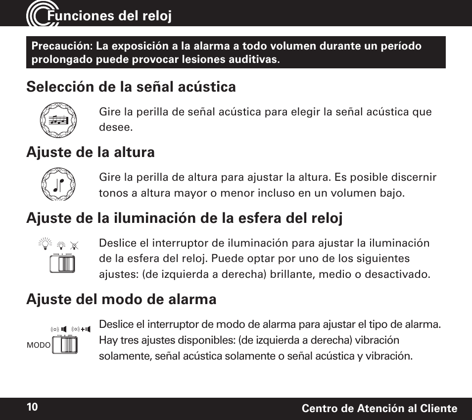 Selección de la señal acústica, Ajuste de la altura, Ajuste de la iluminación de la esfera del reloj | Ajuste del modo de alarma, Funciones del reloj | Amplicom TCL 100 Wireless Alert Alarm Clock User Manual | Page 26 / 32