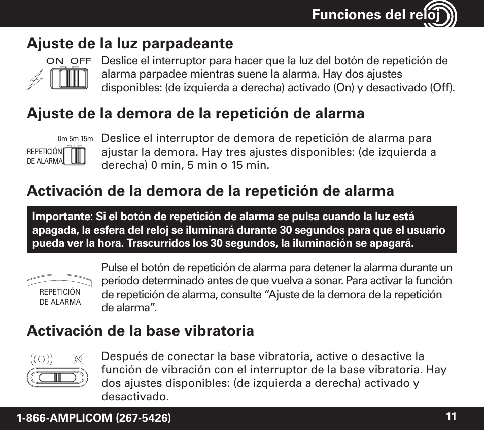 Ajuste de la luz parpadeante, Ajuste de la demora de la repetición de alarma, Activación de la demora de la repetición de alarma | Activación de la base vibratoria, Funciones del reloj | Amplicom TCL 100 Wireless Alert Alarm Clock User Manual | Page 27 / 32