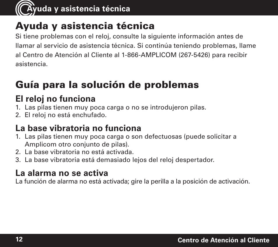 Ayuda y asistencia técnica, Guía para la solución de problemas, El reloj no funciona | La base vibratoria no funciona, La alarma no se activa | Amplicom TCL 100 Wireless Alert Alarm Clock User Manual | Page 28 / 32