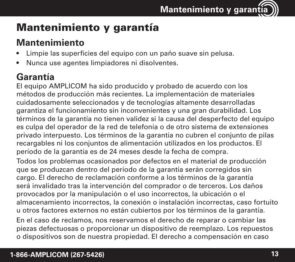 Mantenimiento y garantía, Mantenimiento, Garantía | Amplicom TCL 100 Wireless Alert Alarm Clock User Manual | Page 29 / 32