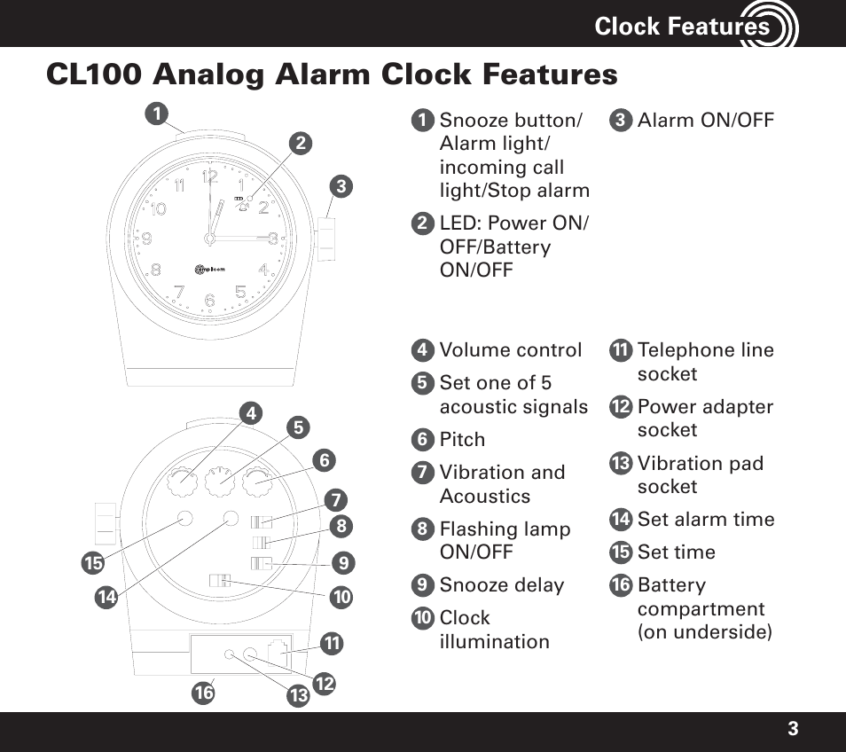 Cl100 analog alarm clock features, Clock features | Amplicom TCL 100 Wireless Alert Alarm Clock User Manual | Page 3 / 32