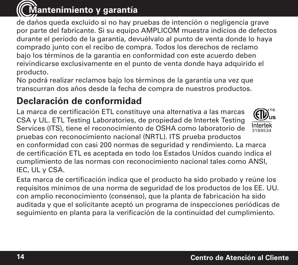 Declaración de conformidad, Mantenimiento y garantía | Amplicom TCL 100 Wireless Alert Alarm Clock User Manual | Page 30 / 32