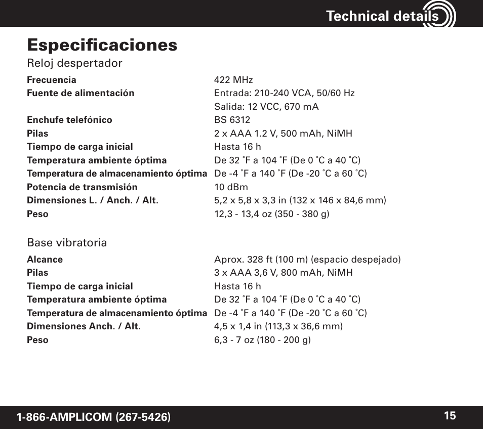 Especificaciones, Technical details | Amplicom TCL 100 Wireless Alert Alarm Clock User Manual | Page 31 / 32