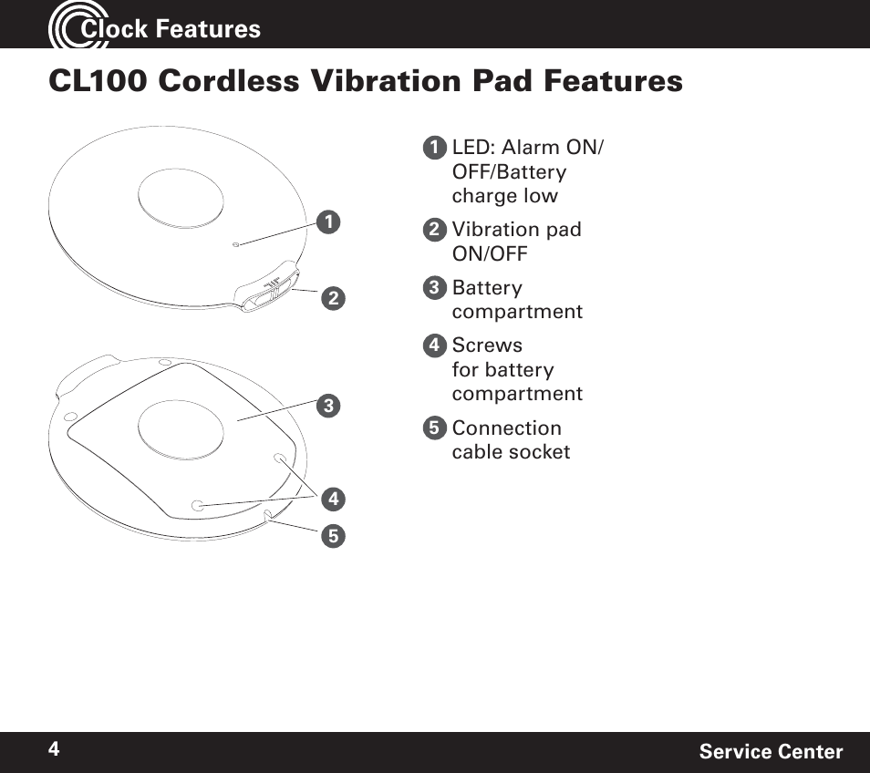 Cl100 cordless vibration pad features, Clock features | Amplicom TCL 100 Wireless Alert Alarm Clock User Manual | Page 4 / 32