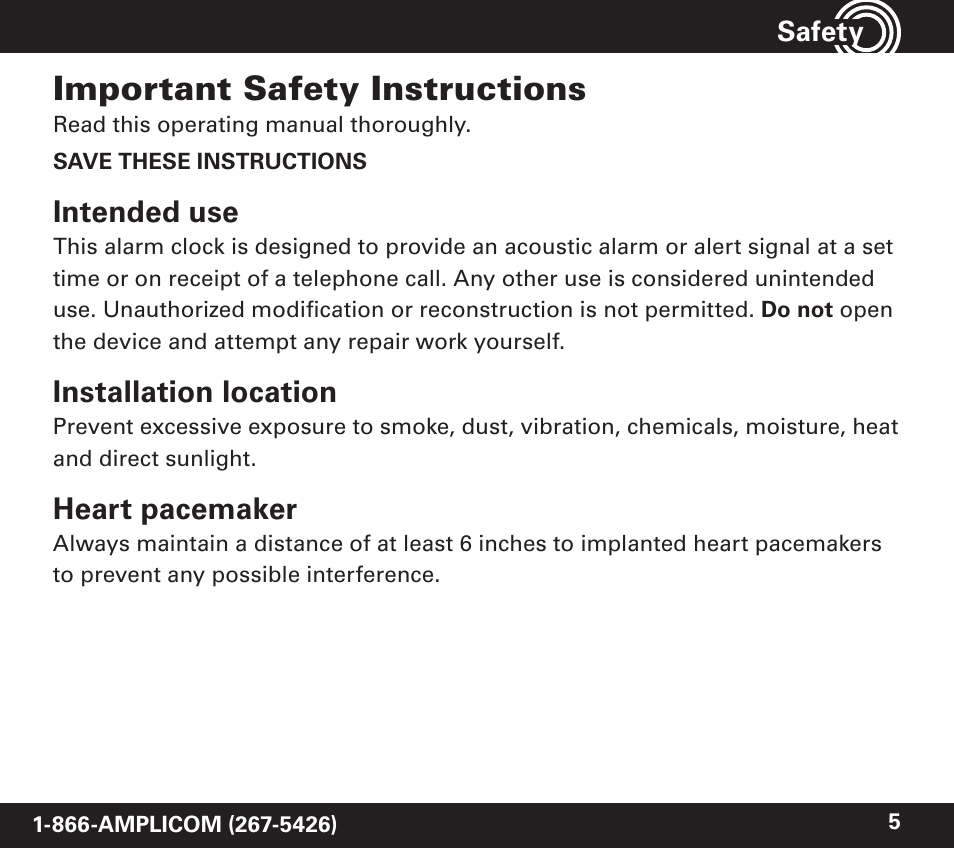 Important safety instructions, Intended use, Installation location | Heart pacemaker, Safety | Amplicom TCL 100 Wireless Alert Alarm Clock User Manual | Page 5 / 32