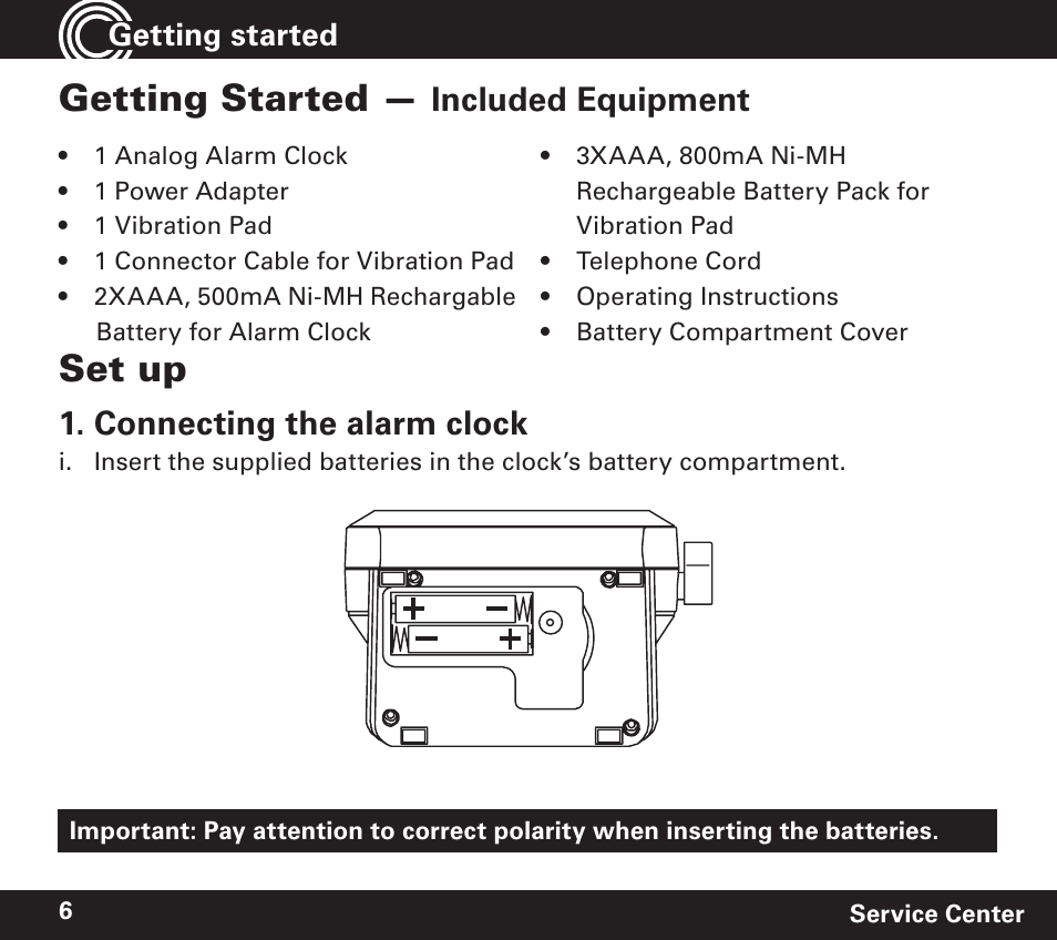 Getting started, Set up, Included equipment | Connecting the alarm clock | Amplicom TCL 100 Wireless Alert Alarm Clock User Manual | Page 6 / 32