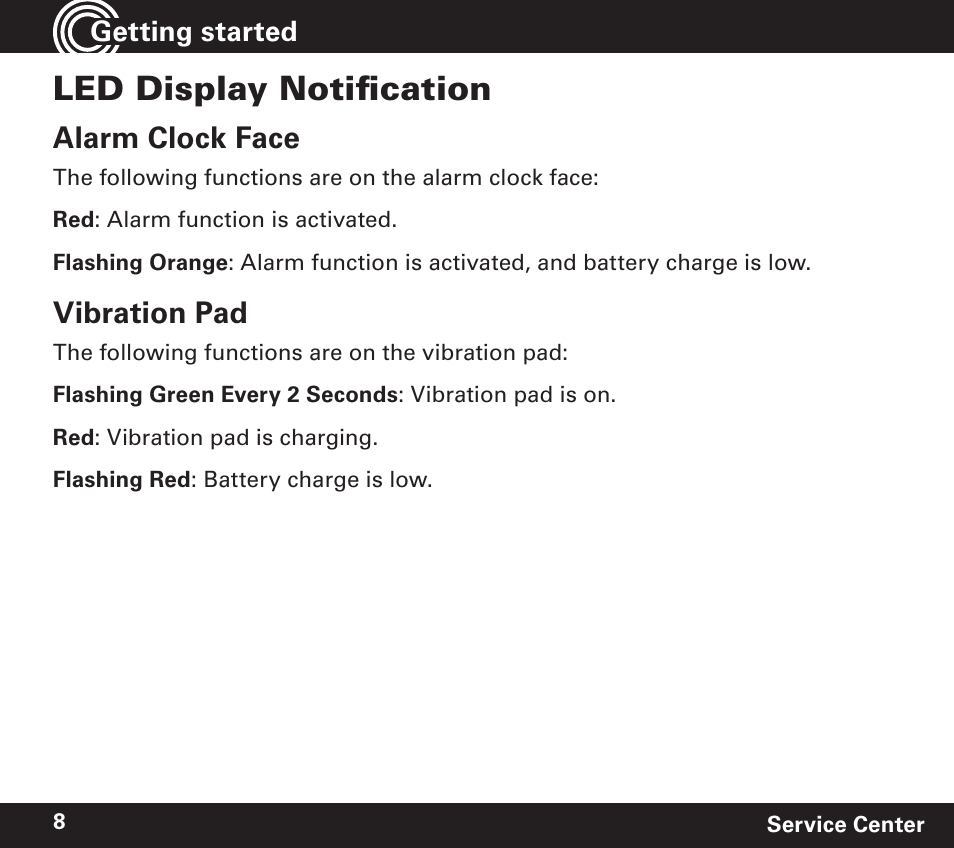 Led display notifi cation, Alarm clock face, Vibration pad | Amplicom TCL 100 Wireless Alert Alarm Clock User Manual | Page 8 / 32