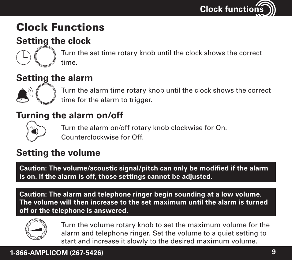 Clock functions, Setting the clock, Setting the alarm | Turning the alarm on/off, Setting the volume | Amplicom TCL 100 Wireless Alert Alarm Clock User Manual | Page 9 / 32