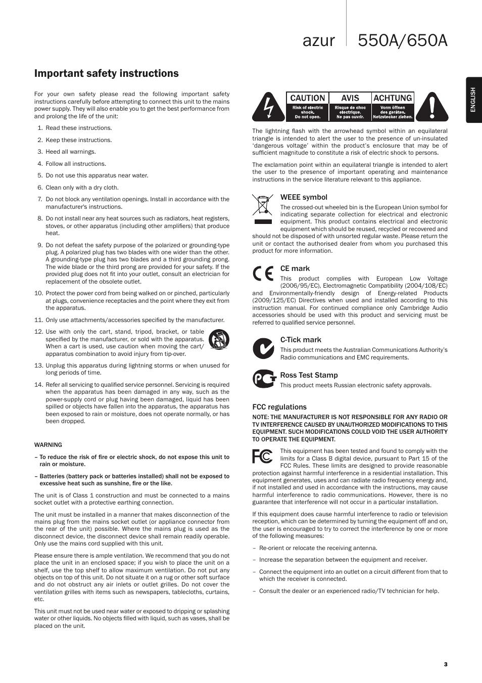 Important safety instructions | Cambridge Audio AZUR 650A User Manual | Page 3 / 12