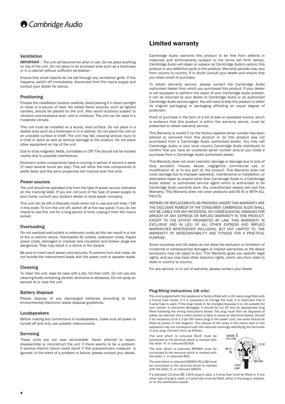 Limited warranty | Cambridge Audio AZUR 650A User Manual | Page 4 / 12