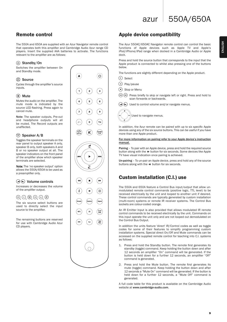 Remote control apple device compatibility, Custom installation (c.i.) use | Cambridge Audio AZUR 650A User Manual | Page 9 / 12