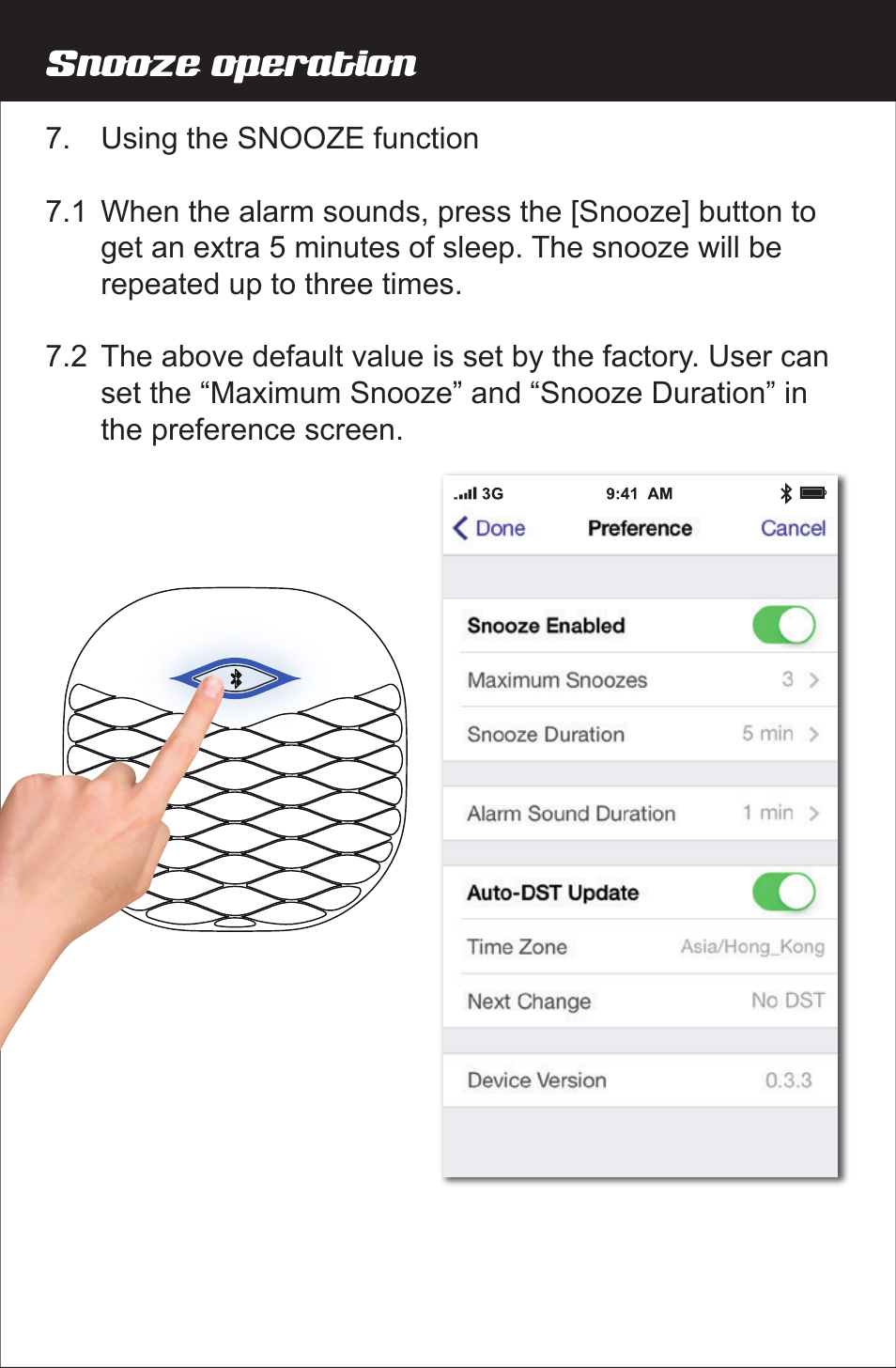 Snooze operation | Amplicom Amplifyz TCL Pulse Bluetooth Enabled Alarm User Manual | Page 12 / 24