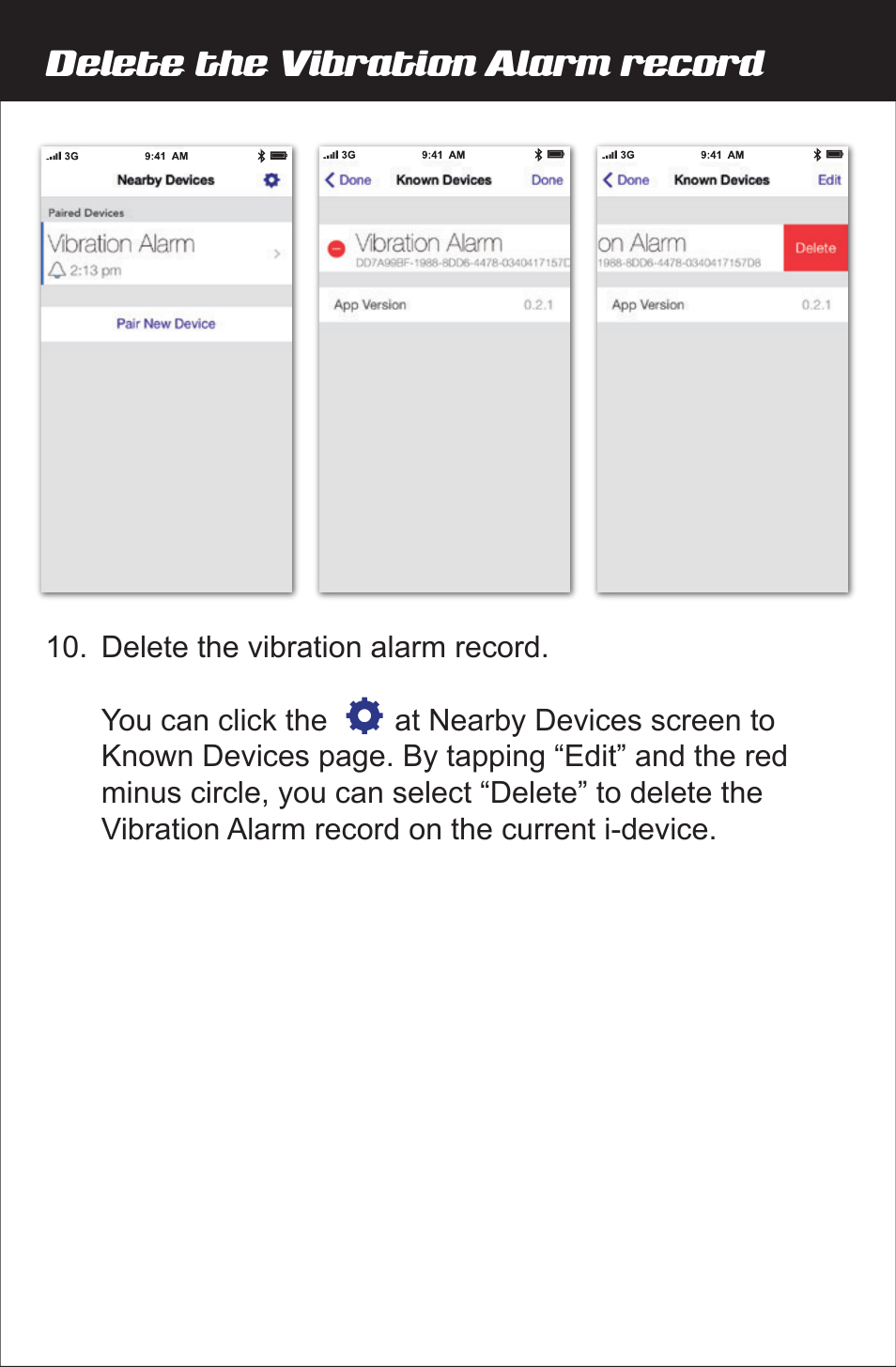 Delete the vibration alarm record | Amplicom Amplifyz TCL Pulse Bluetooth Enabled Alarm User Manual | Page 16 / 24