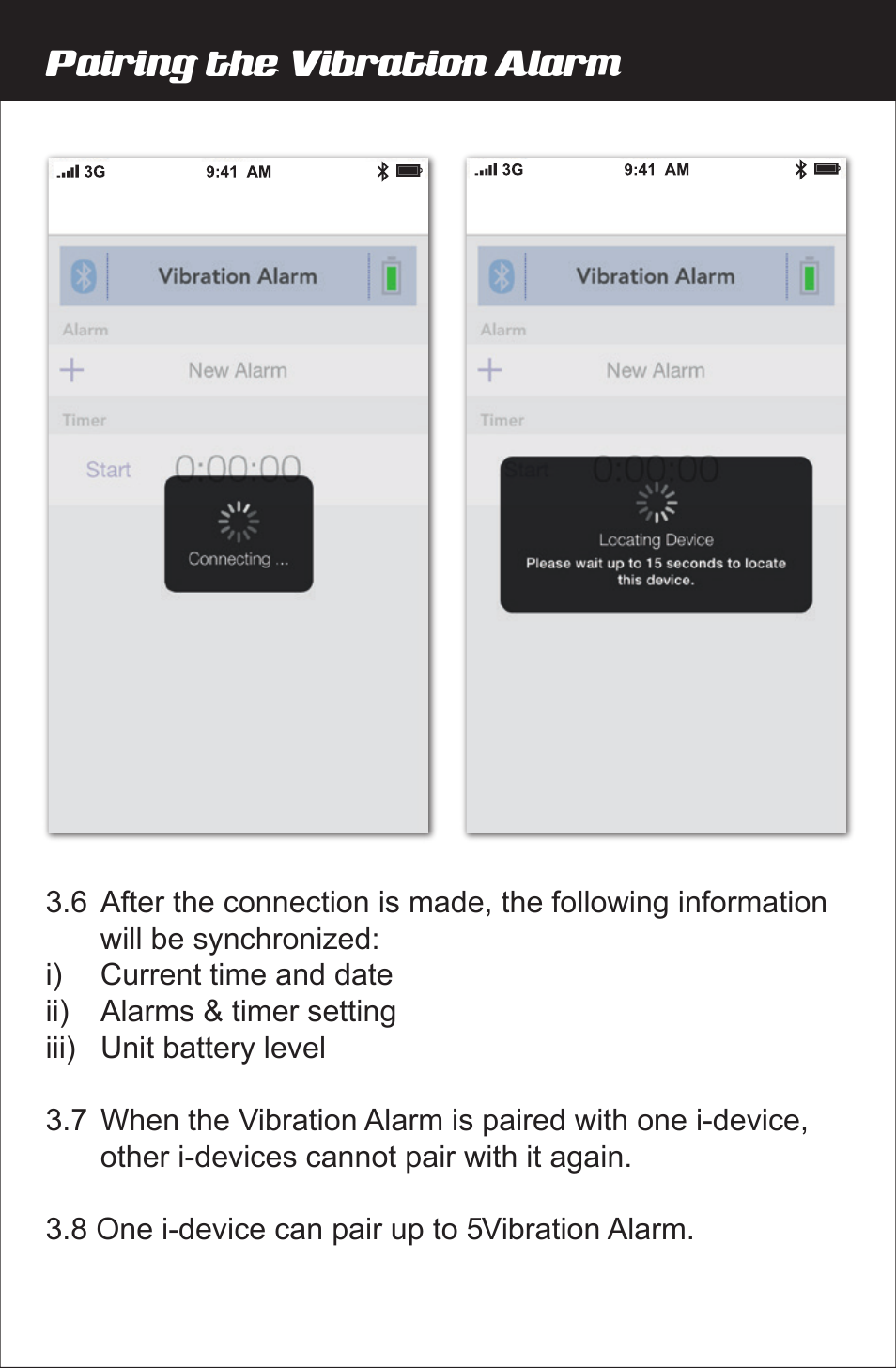 Pairing the vibration alarm | Amplicom Amplifyz TCL Pulse Bluetooth Enabled Alarm User Manual | Page 7 / 24