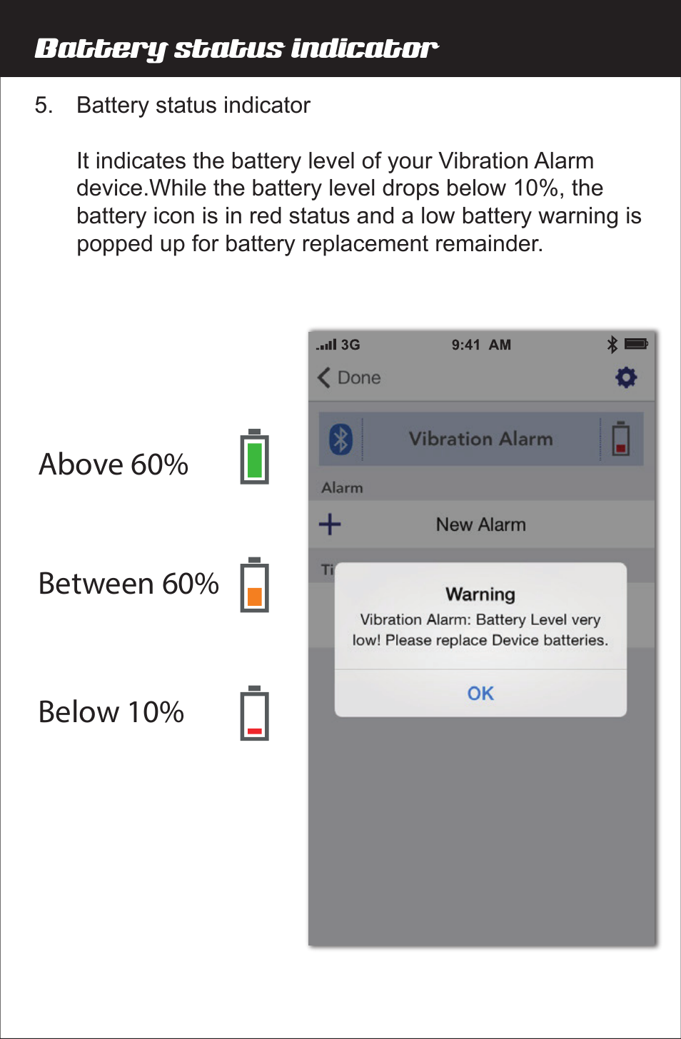 Battery status indicator | Amplicom Amplifyz TCL Pulse Bluetooth Enabled Alarm User Manual | Page 9 / 24