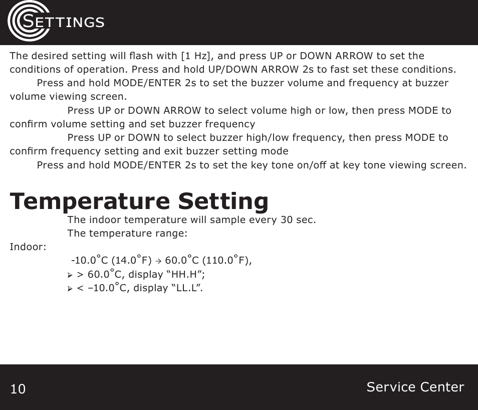 Temperature setting, Settings | Amplicom TCL Vib Travel Alarm Clock User Manual | Page 10 / 16