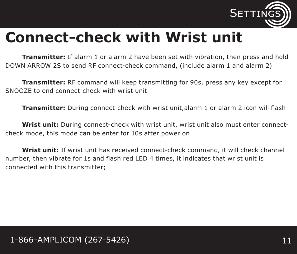 Connect-check with wrist unit, Settings | Amplicom TCL Vib Travel Alarm Clock User Manual | Page 11 / 16