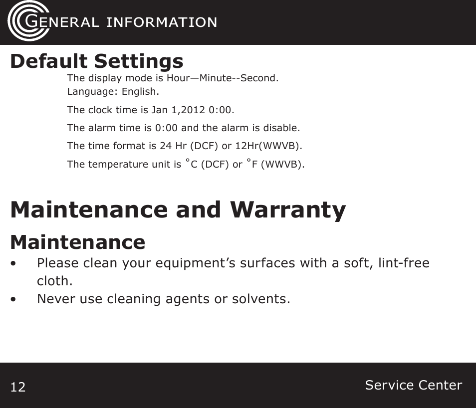Maintenance and warranty, Default settings, Maintenance | General information warranty | Amplicom TCL Vib Travel Alarm Clock User Manual | Page 12 / 16