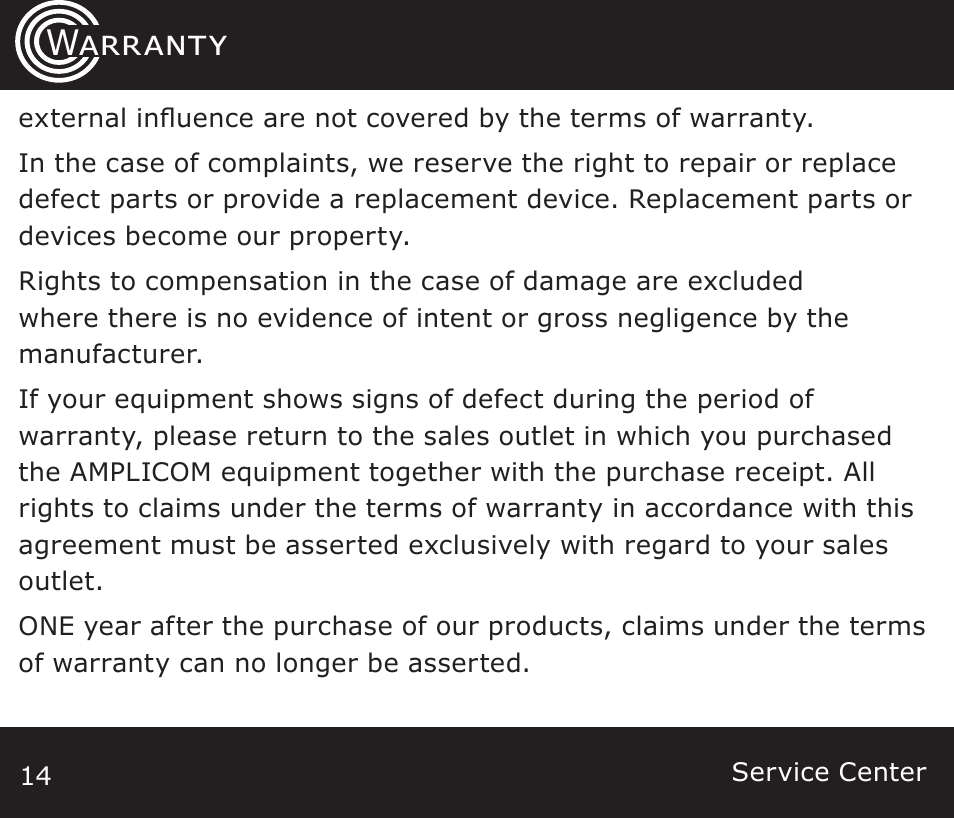 Warranty | Amplicom TCL Vib Travel Alarm Clock User Manual | Page 14 / 16