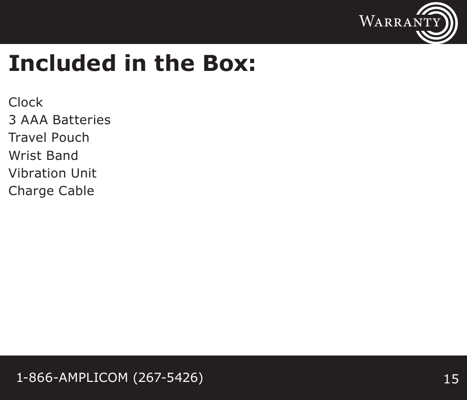 Included in the box, Warranty | Amplicom TCL Vib Travel Alarm Clock User Manual | Page 15 / 16