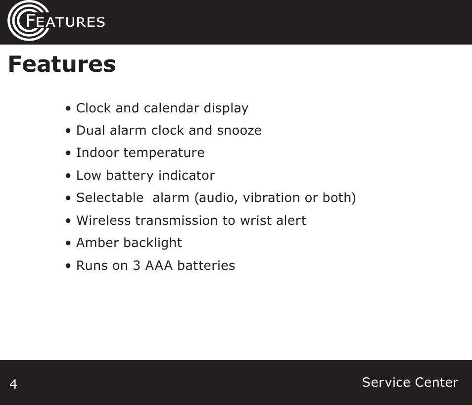 Features, Features layout | Amplicom TCL Vib Travel Alarm Clock User Manual | Page 4 / 16