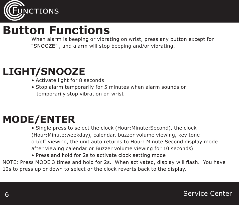 Button functions, Light/snooze, Mode/enter | Functions | Amplicom TCL Vib Travel Alarm Clock User Manual | Page 6 / 16