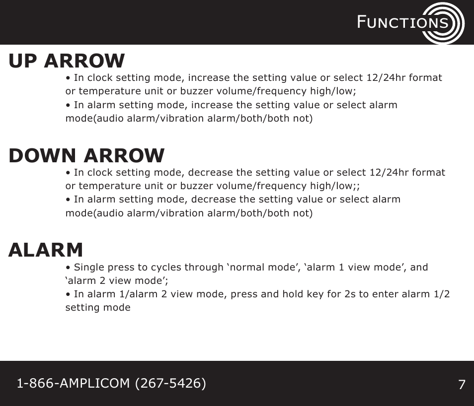 Up arrow, Down arrow, Alarm | Functions | Amplicom TCL Vib Travel Alarm Clock User Manual | Page 7 / 16