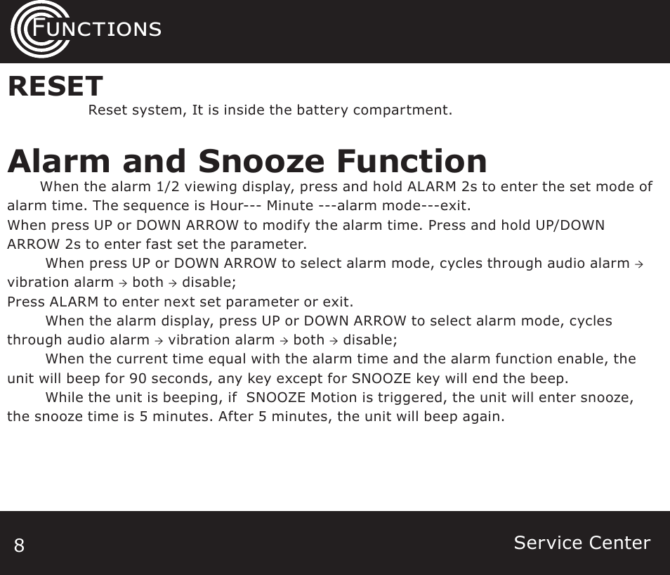 Alarm and snooze function, Reset, Functions settings | Amplicom TCL Vib Travel Alarm Clock User Manual | Page 8 / 16